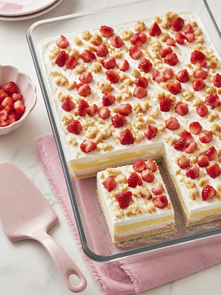 Strawberry Shortcake Lush Delicious strawberry shortcake lush dessert with layers of cream and fresh strawberries