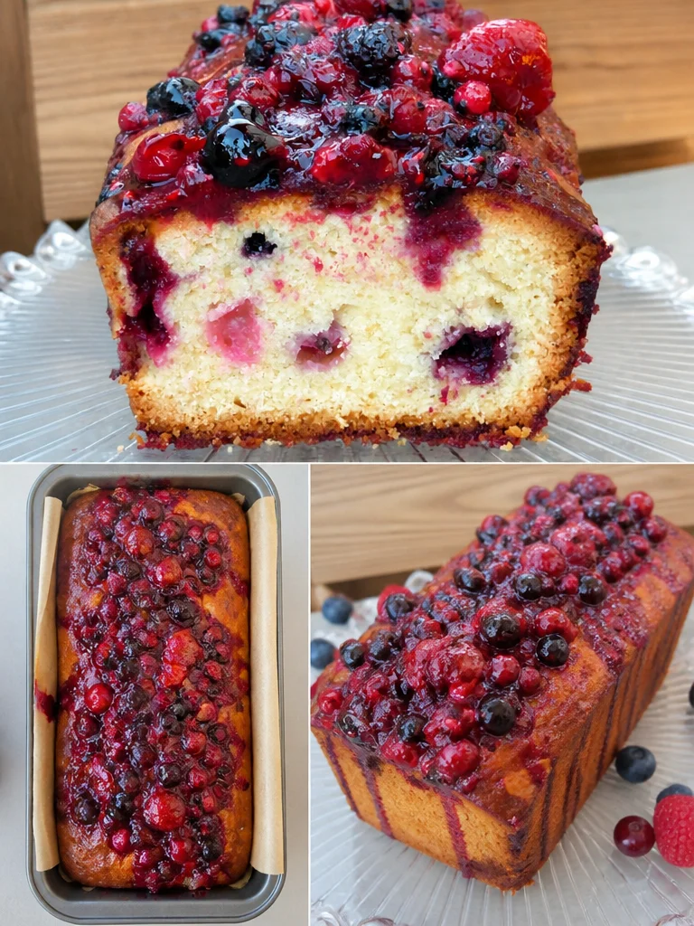 Delicious summer Berry Drizzle Loaf Cake topped with fresh berries and glaze.