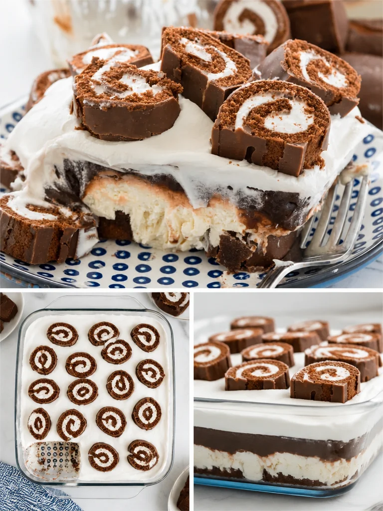 No bake Swiss Roll layered dessert showcasing chocolate and cream layers.