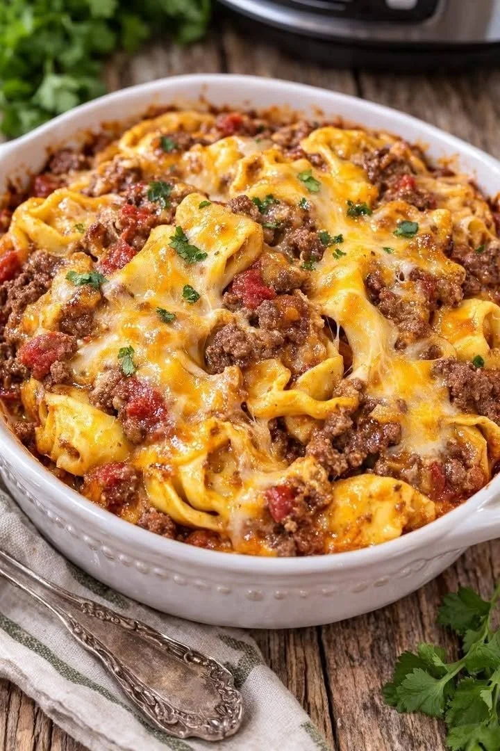 A delicious plate of Taco Tortellini garnished with fresh herbs and spices.