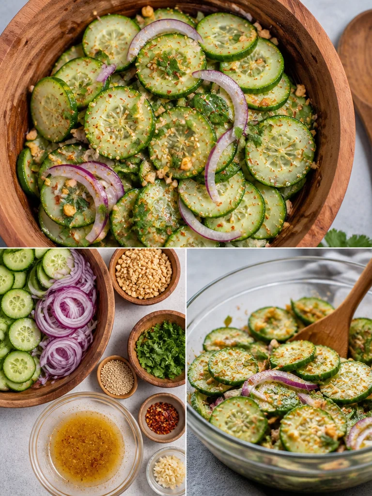 Fresh Thai cucumber salad served in a bowl with vibrant vegetables and herbs