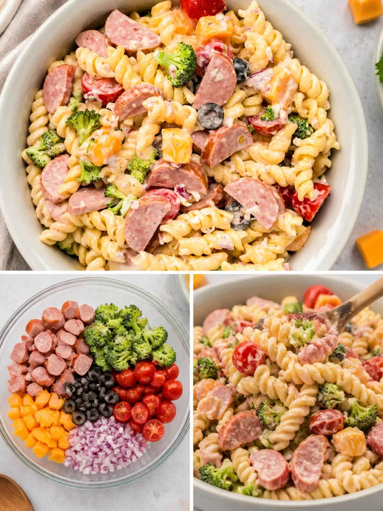 Creamy pasta salad with summer sausage in a bowl garnished with herbs