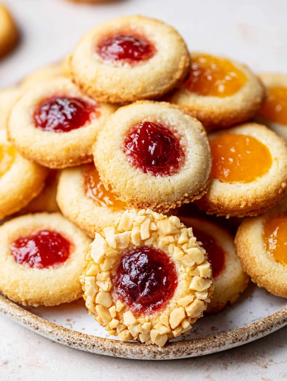 Freshly baked thumbprint cookies with jam filling on a baking tray