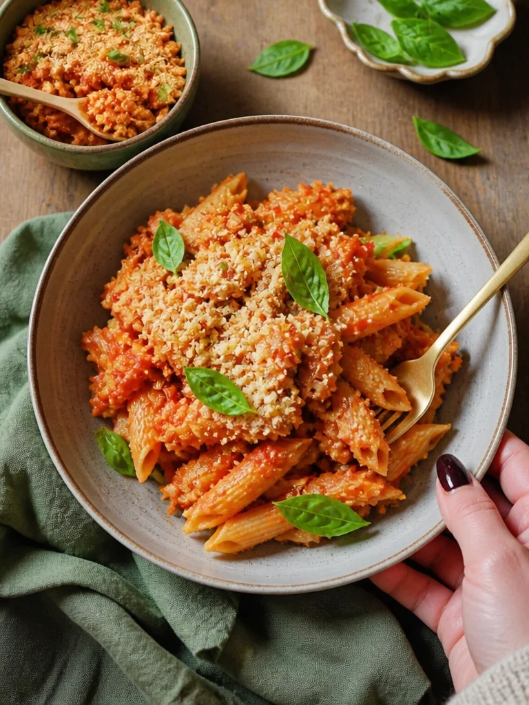 Vegan Dump and Bake Chicken Parmesan Casserole topped with fresh herbs and cheese alternatives.