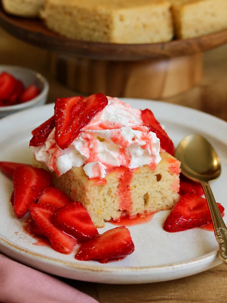 Beautifully decorated Vegan Strawberry Cake topped with fresh strawberries.