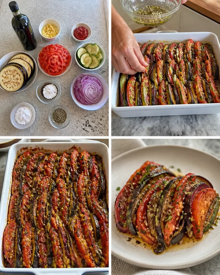 Vegetable Tian Colorful Vegetable Tian, a layered dish featuring fresh vegetables and herbs
