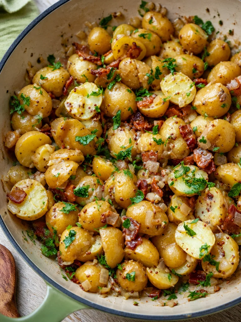 Warm German Potato Salad Warm German Potato Salad with herbs and bacon in a serving bowl