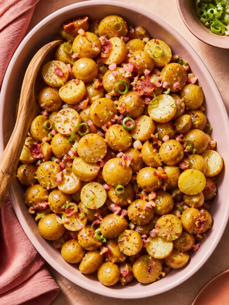 Warm Potato Salad with Bacon Warm potato salad with bacon garnished with herbs in a bowl