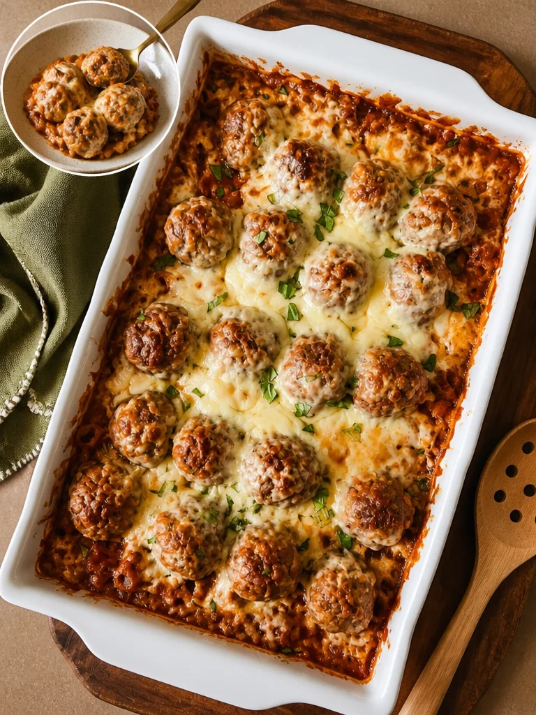 Delicious meatball casserole in a serving dish, perfect for a quick family meal.