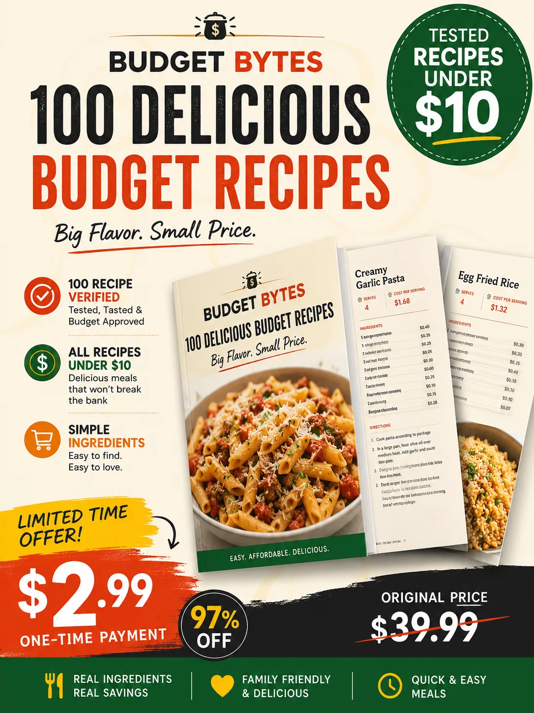 800+ tested budget recipes under $10 with detailed cost breakdowns