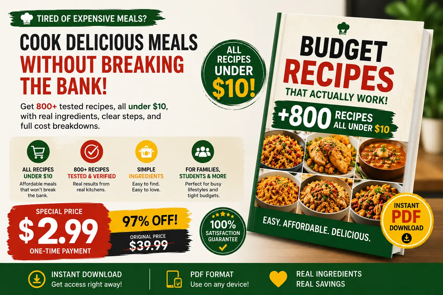 800+ tested budget recipes under $10 with detailed cost breakdowns
