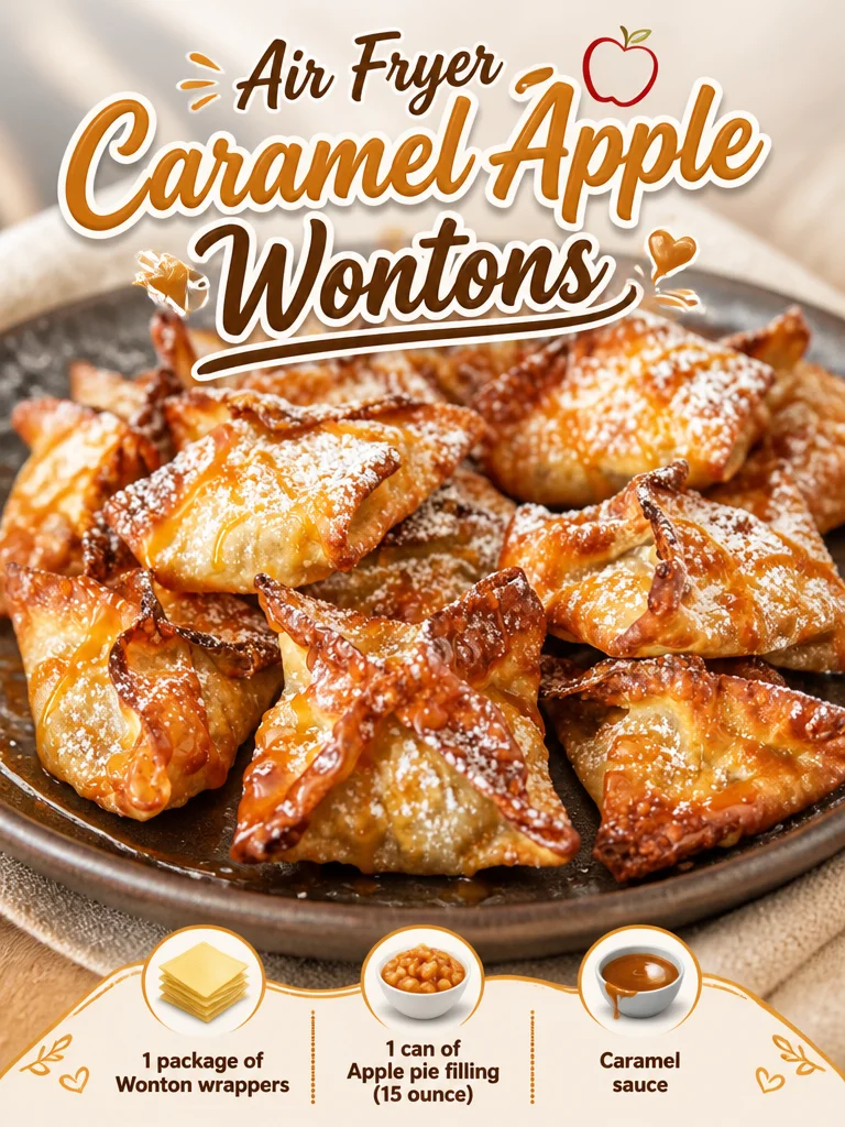 Air Fryer Caramel Apple Wontons Air fryer caramel apple wontons drizzled with caramel sauce and sprinkled with cinnamon
