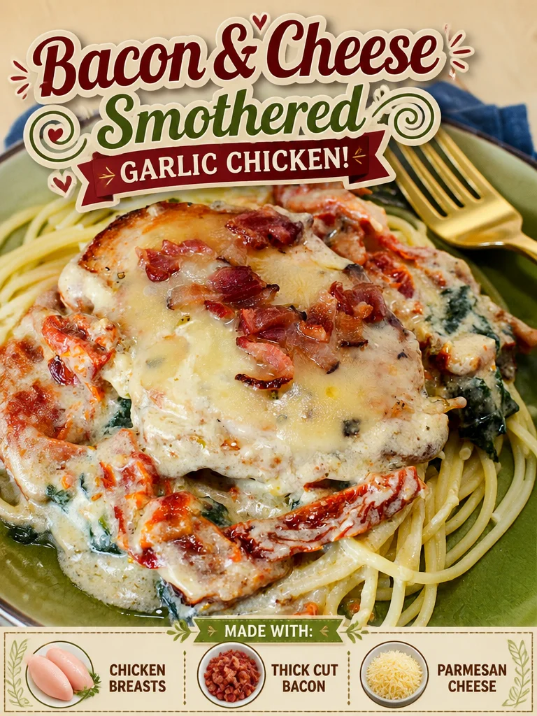 Bacon Cheese Chicken dish featuring garlic chicken topped with melted cheese and crispy bacon.