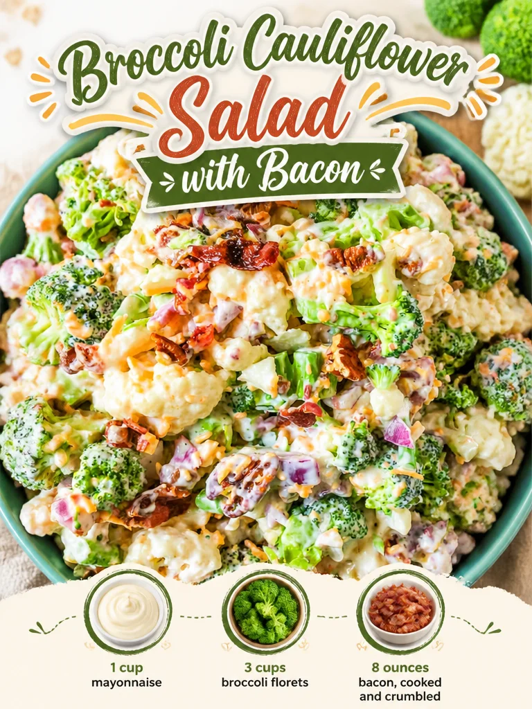Delicious Broccoli Cauliflower Salad with Bacon, a healthy side dish