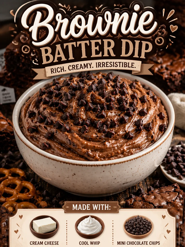 Delicious Brownie Batter Dip served with chocolate chips and strawberries