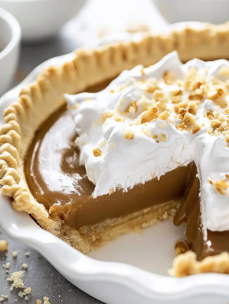 Delicious homemade butterscotch pie topped with whipped cream