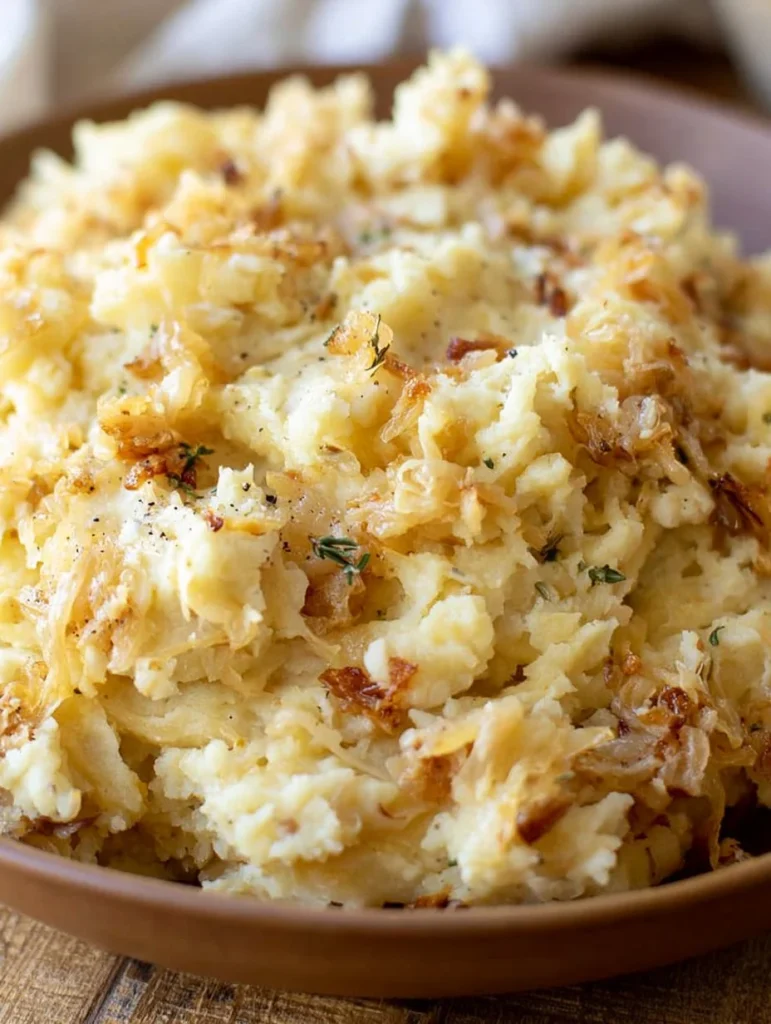Delicious caramelized onion mashed potatoes served in a bowl