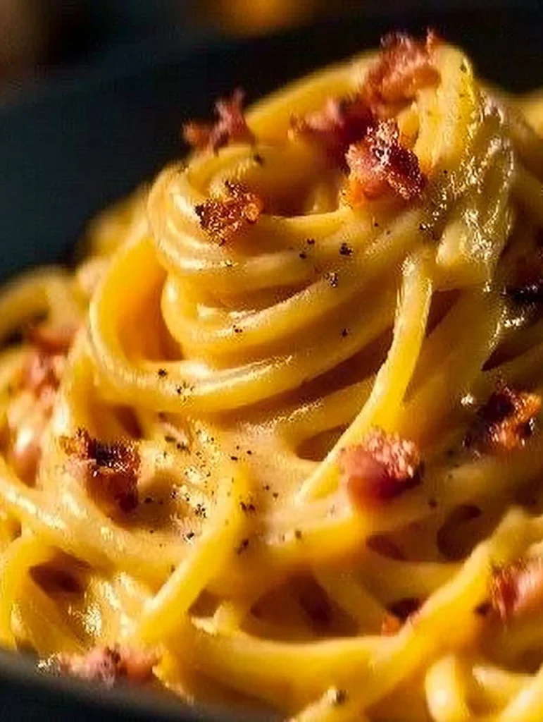 Authentic carbonara pasta dish with egg, cheese, and pancetta.