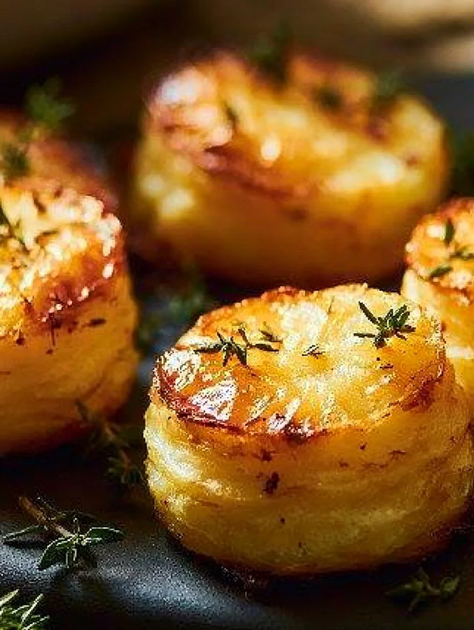 Cheesy potato gratin stacks baked in muffin tins, perfect for serving as a side dish.
