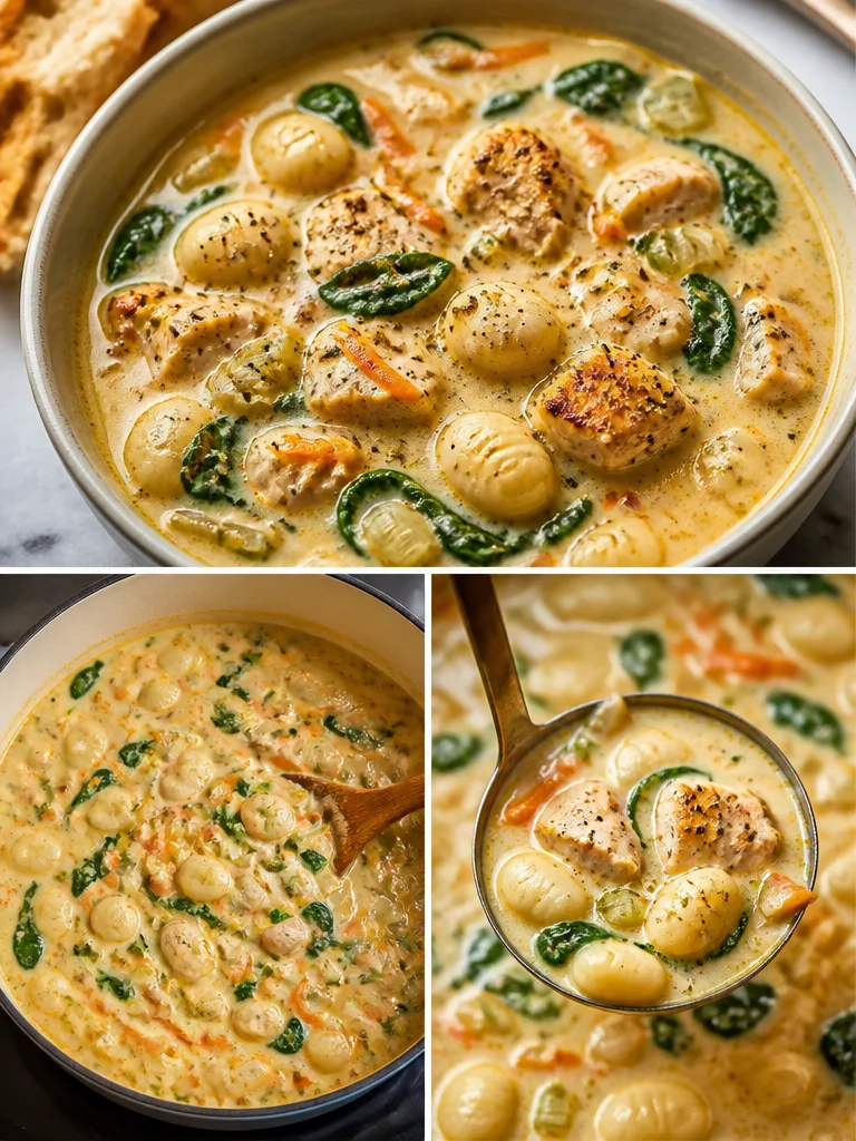 Chicken and Gnocchi Soup Creamy Chicken Gnocchi Soup served in a bowl with fresh herbs