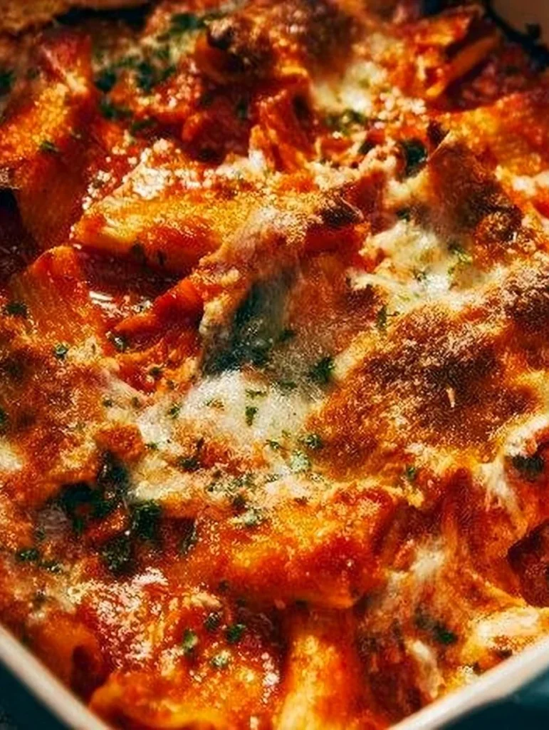Delicious chicken pasta bake with cheese and herbs in a baking dish