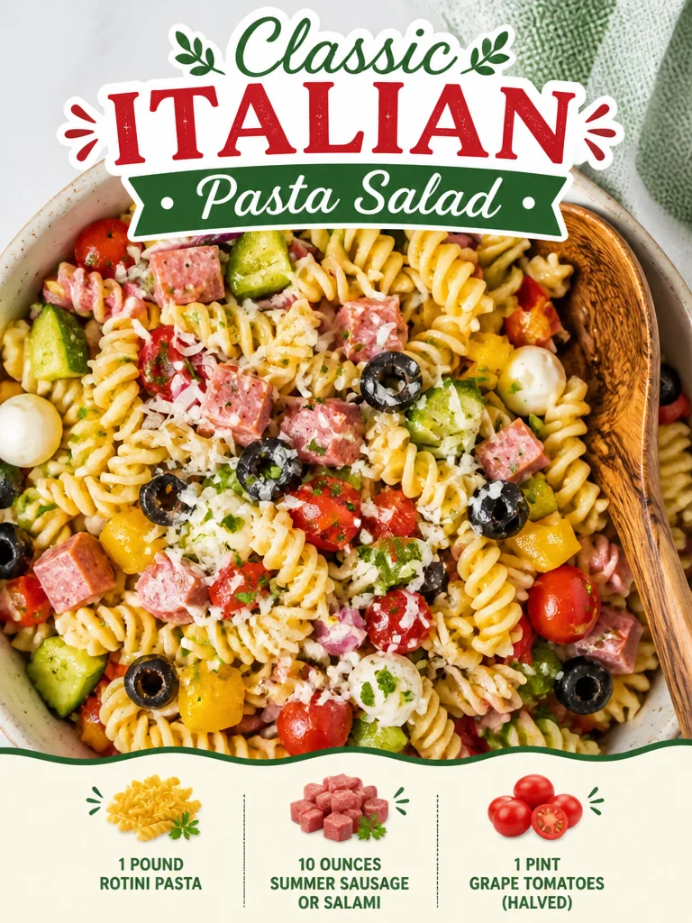 Classic Italian Pasta Salad with fresh vegetables and dressing