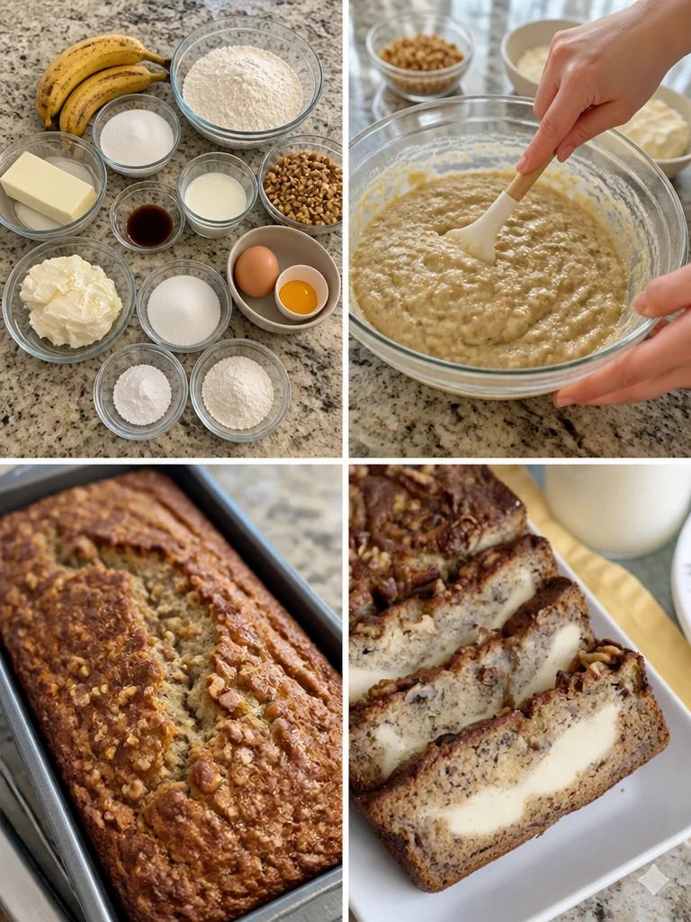 Cream Cheese Banana Bread Slice of cream cheese banana bread served on a plate