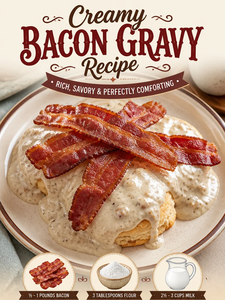 Creamy bacon gravy served over biscuits in a white plate