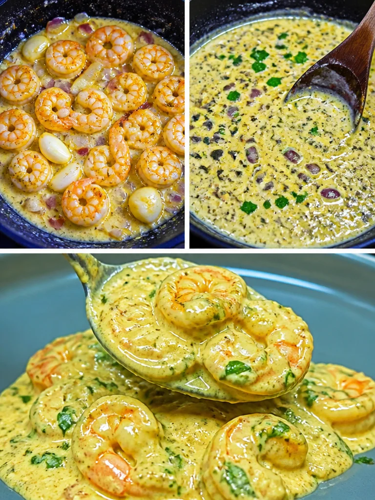 Creamy garlic shrimp served in a bowl with herbs and spices.