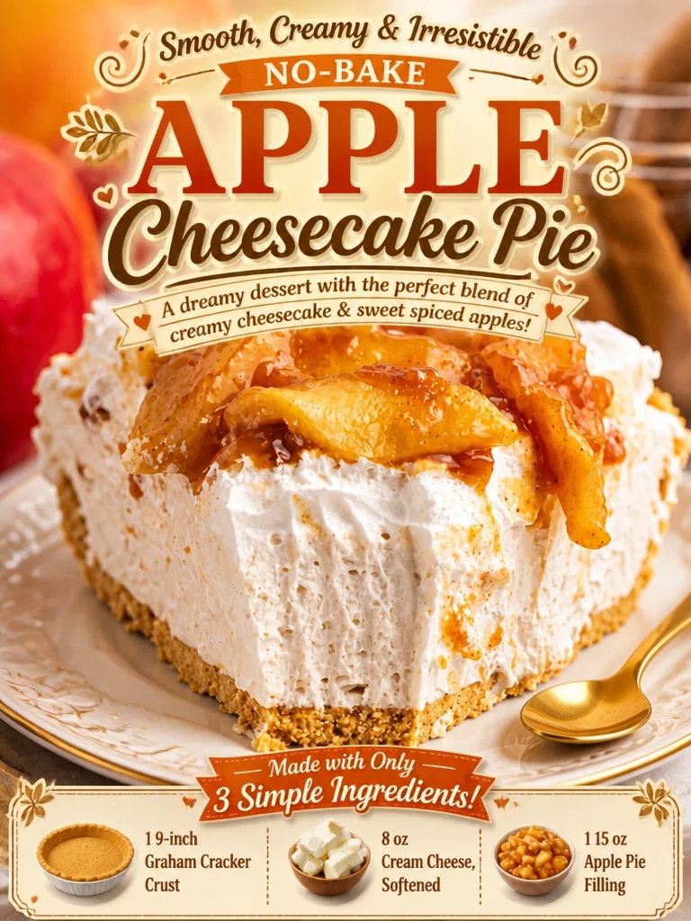 Creamy no bake apple cheesecake pie topped with fresh apple slices