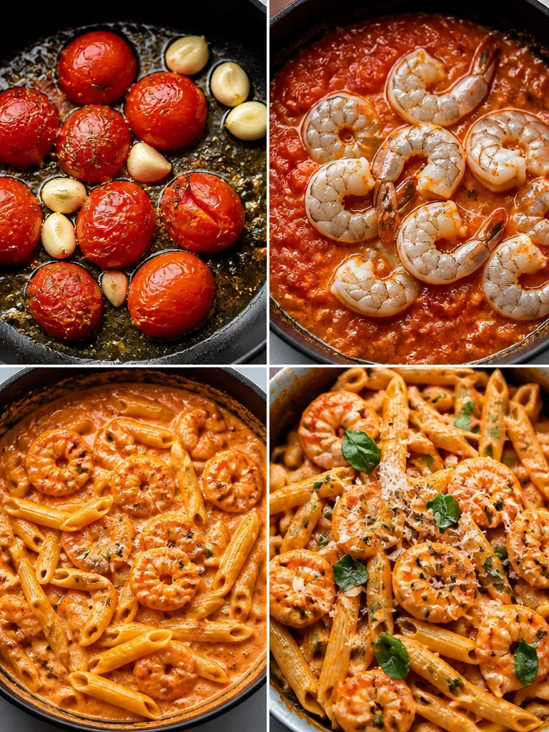 Creamy Tomato Shrimp Pasta Plate of creamy tomato shrimp pasta garnished with herbs and parmesan cheese
