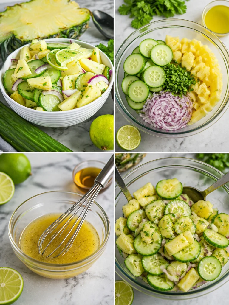 Crisp Cucumber and Pineapple Salad Recipe Crisp cucumber and pineapple salad garnished with fresh herbs in a bowl