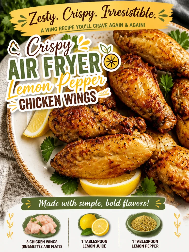 Crispy Air Fryer Lemon Pepper Chicken Wings Crispy air fryer lemon pepper chicken wings garnished with fresh lemon slices.