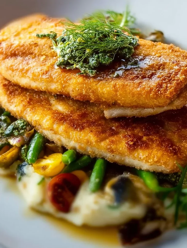 Crispy pan fried fish served on a plate with fresh herbs and lemon slices