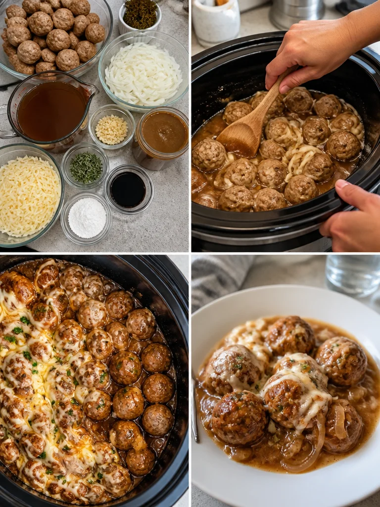 Plate of Crock Pot French Onion Meatballs ready to serve