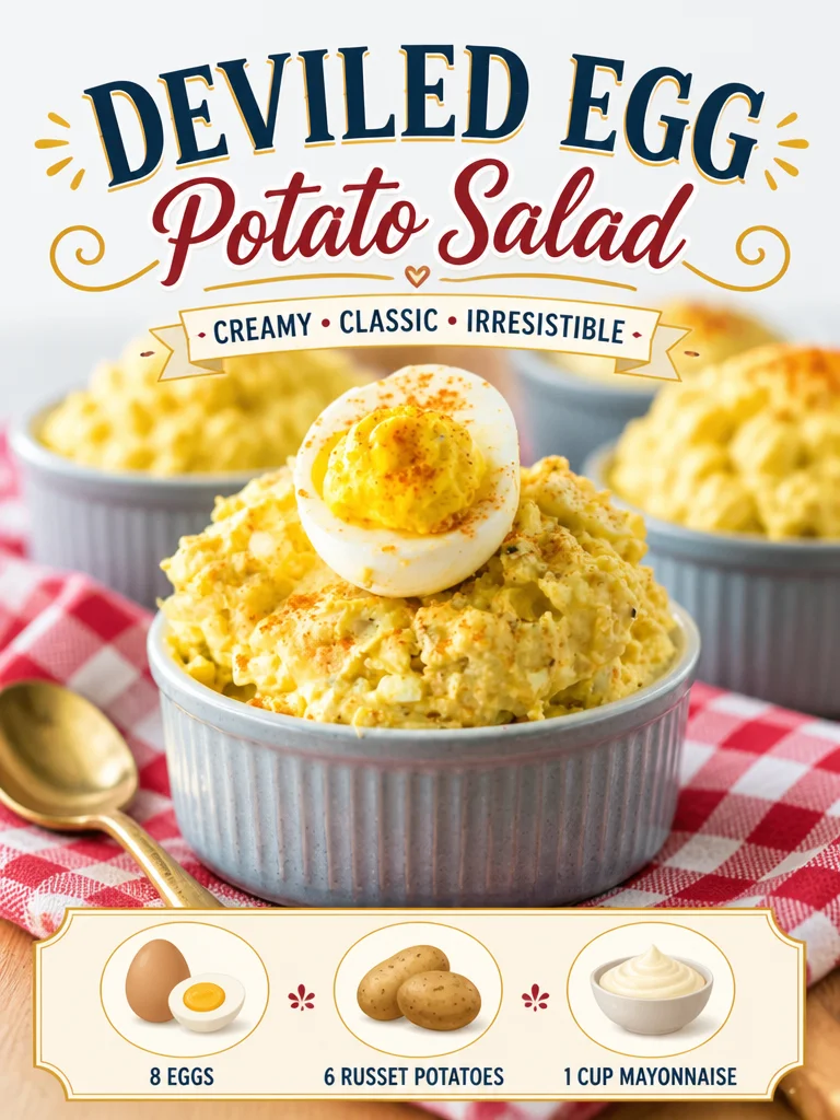 Bowl of deviled egg potato salad garnished with paprika and herbs