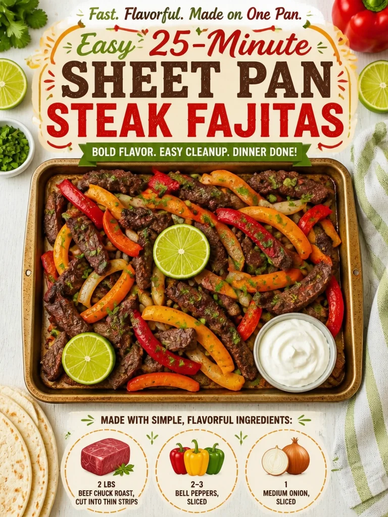 Easy 25-Minute Sheet Pan Steak Fajitas Sheet pan steak fajitas with colorful peppers and onions served on a plate