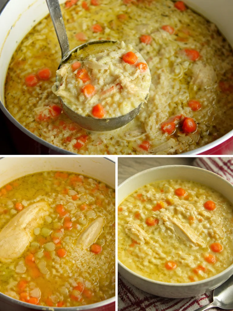 Easy Chicken & Rice Soup Bowl of easy chicken rice soup garnished with herbs