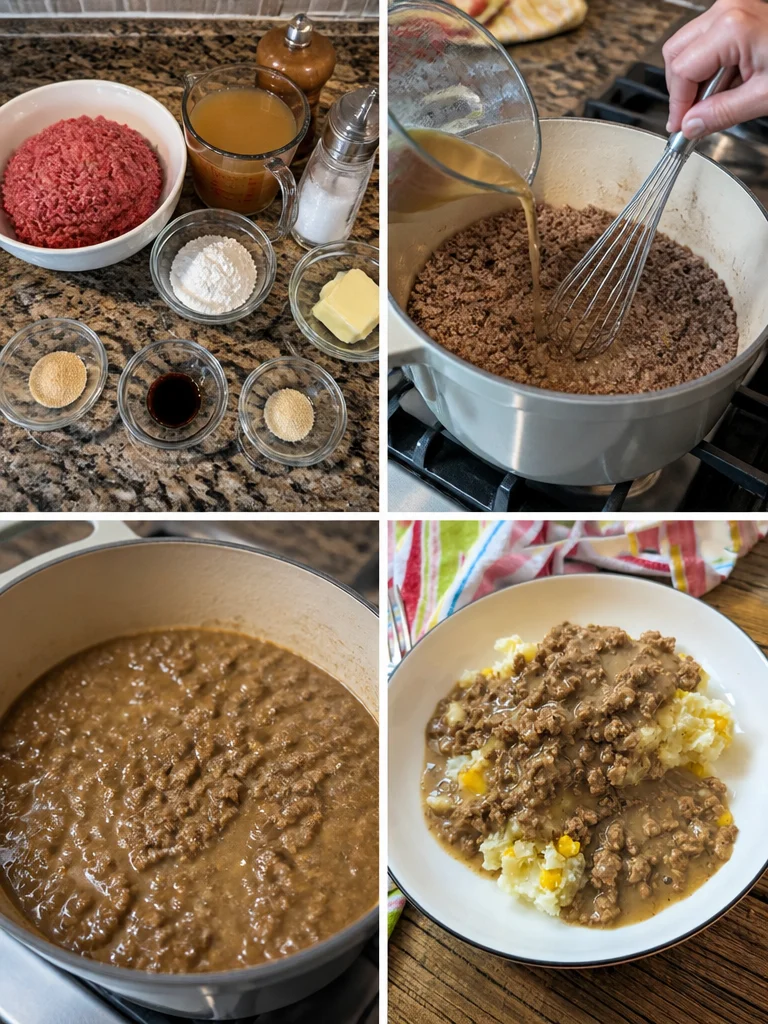 Bowl of easy old fashioned hamburger gravy served over mashed potatoes.