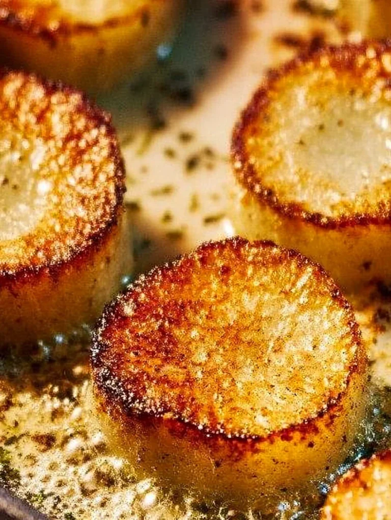 Plate of golden brown fondant potatoes with herbs and garlic