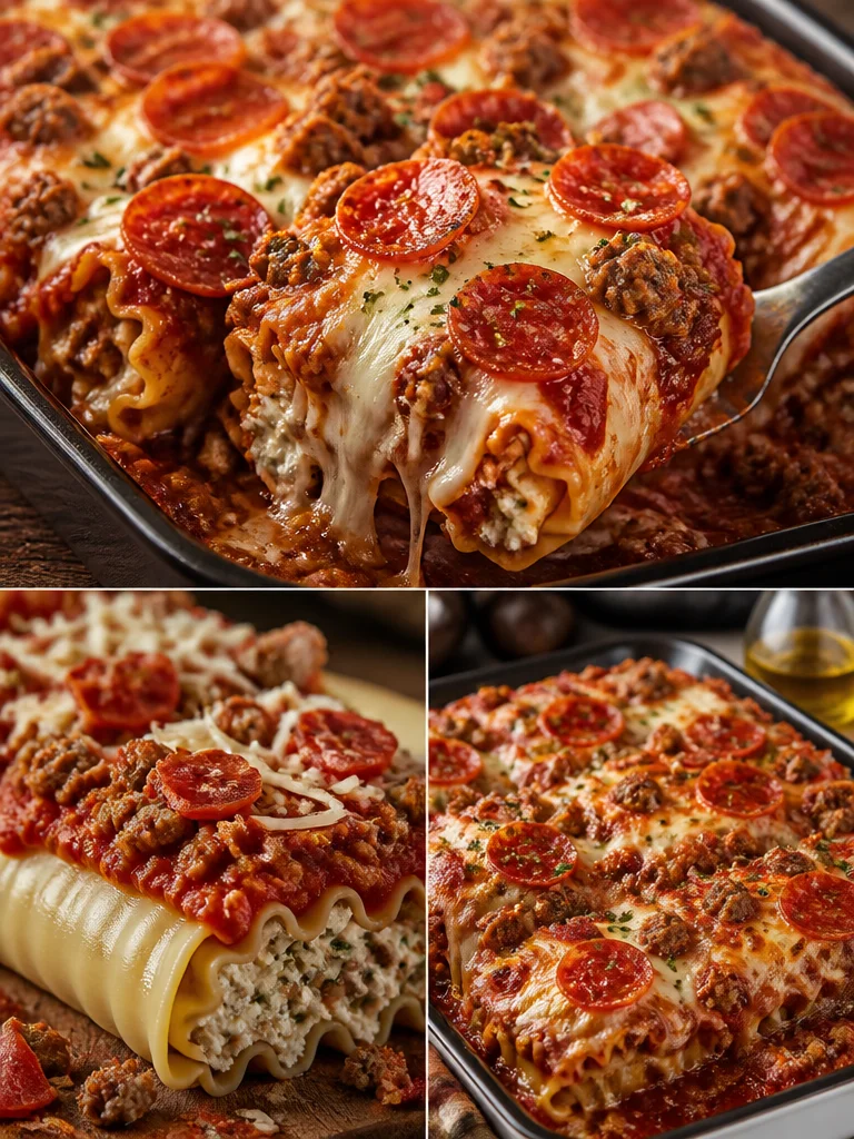 Four-Meat Lasagna Rolls Delicious four-meat lasagna rolls served on a plate