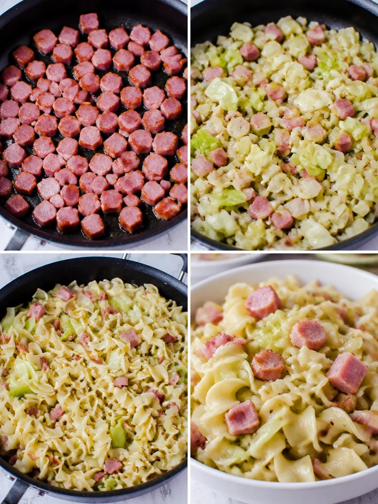 Fried Cabbage, Ham & Noodles (Haluski) Delicious Fried Cabbage with Ham and Noodles Haluski served on a plate
