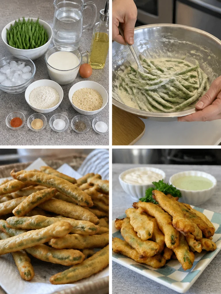 Fried Green Beans Crispy fried green beans served on a plate with dipping sauce