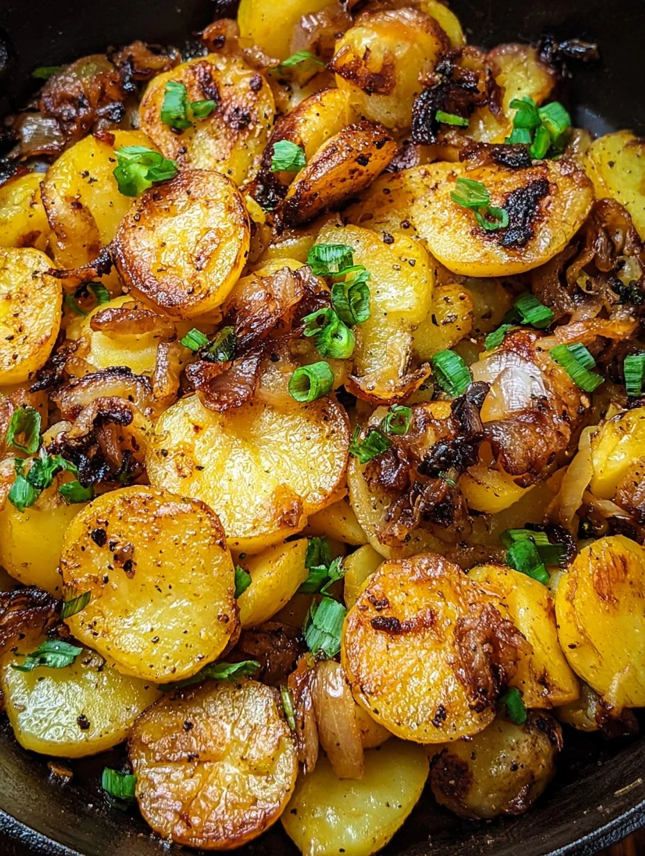 Sizzling fried potatoes and onions in a skillet
