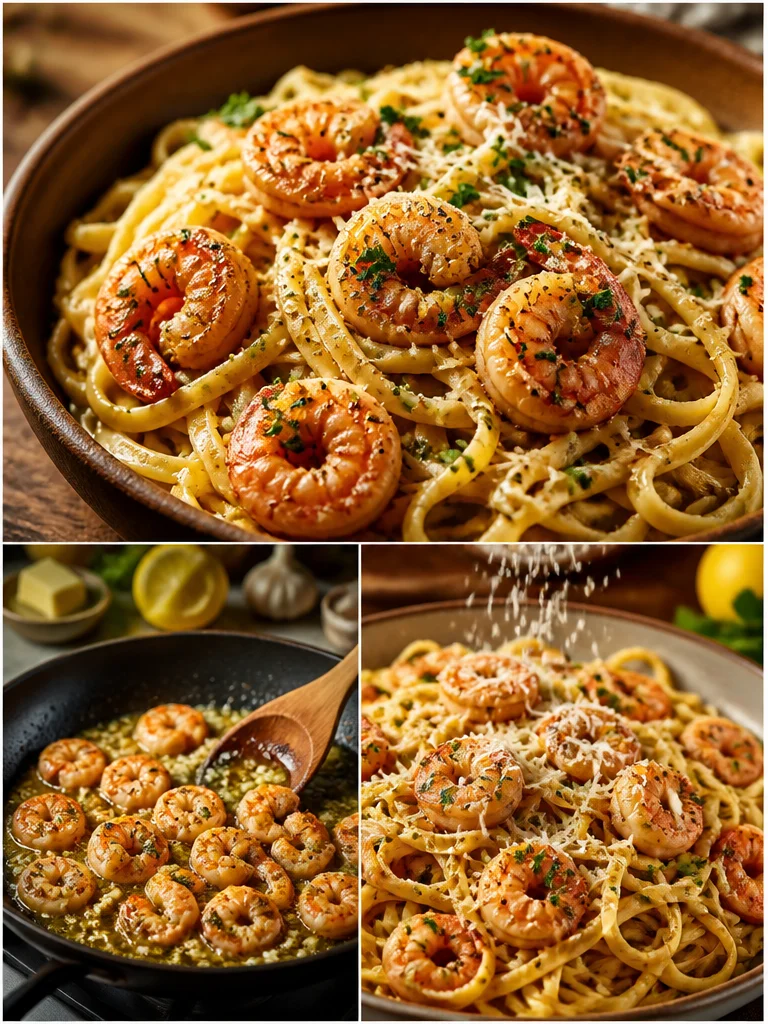 Garlic Butter Shrimp Pasta Delicious Garlic Butter Shrimp Pasta served on a white plate with fresh herbs