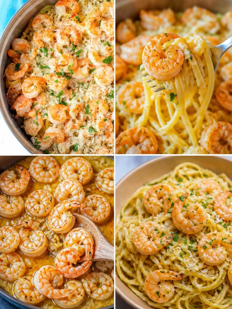 Garlic Parmesan Shrimp Scampi Pasta Delicious garlic parmesan shrimp scampi pasta served in a bowl.