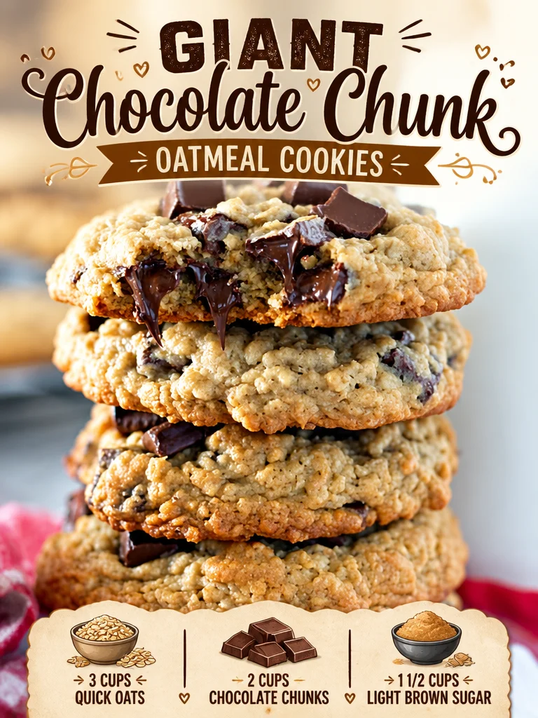 Giant Chocolate Chunk Oatmeal Cookies Giant chocolate chunk oatmeal cookies with melted chocolate and oats on a baking tray