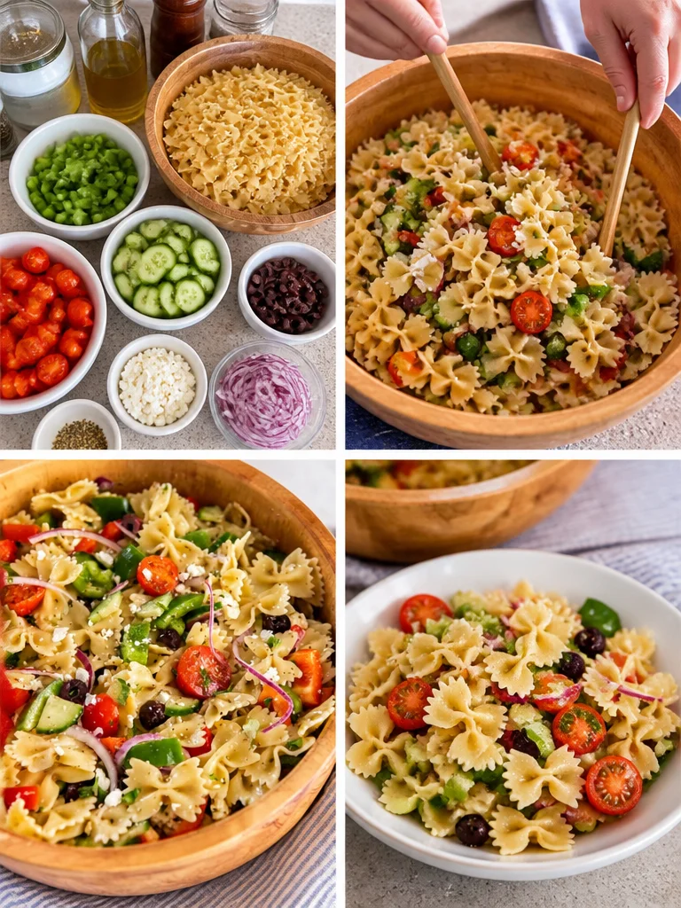 A colorful bowl of Greek Pasta Salad featuring olives, feta, and fresh vegetables.