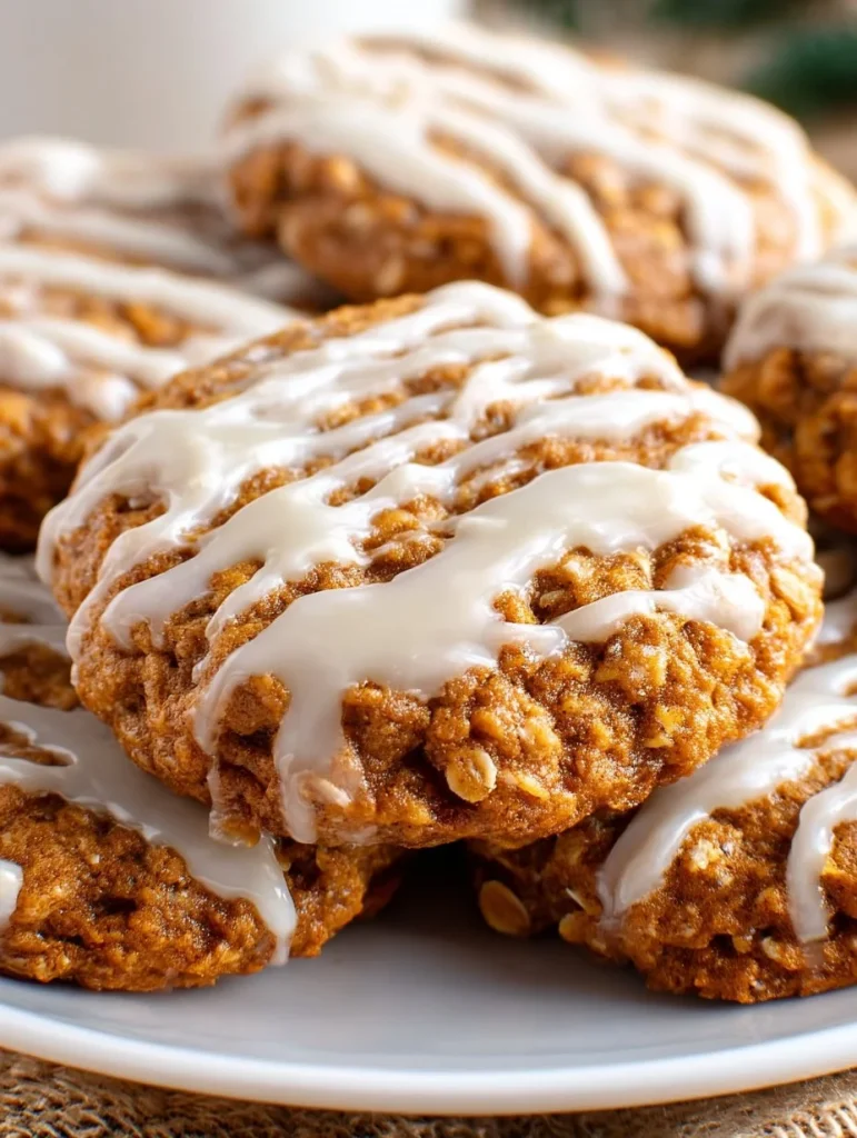 Iced gingerbread oatmeal cookies decorated with frosting on a plate