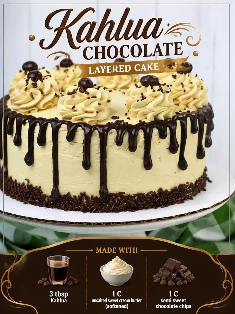 Kahlua Chocolate Layered Cake Delicious Kahlua Chocolate Layered Cake with chocolate frosting and coffee flavor